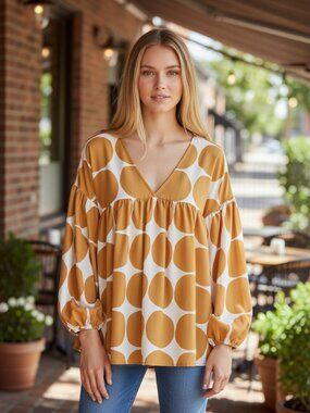 Ces Femme Polka Dot V-Neck Peasant Top - Mustard Size M